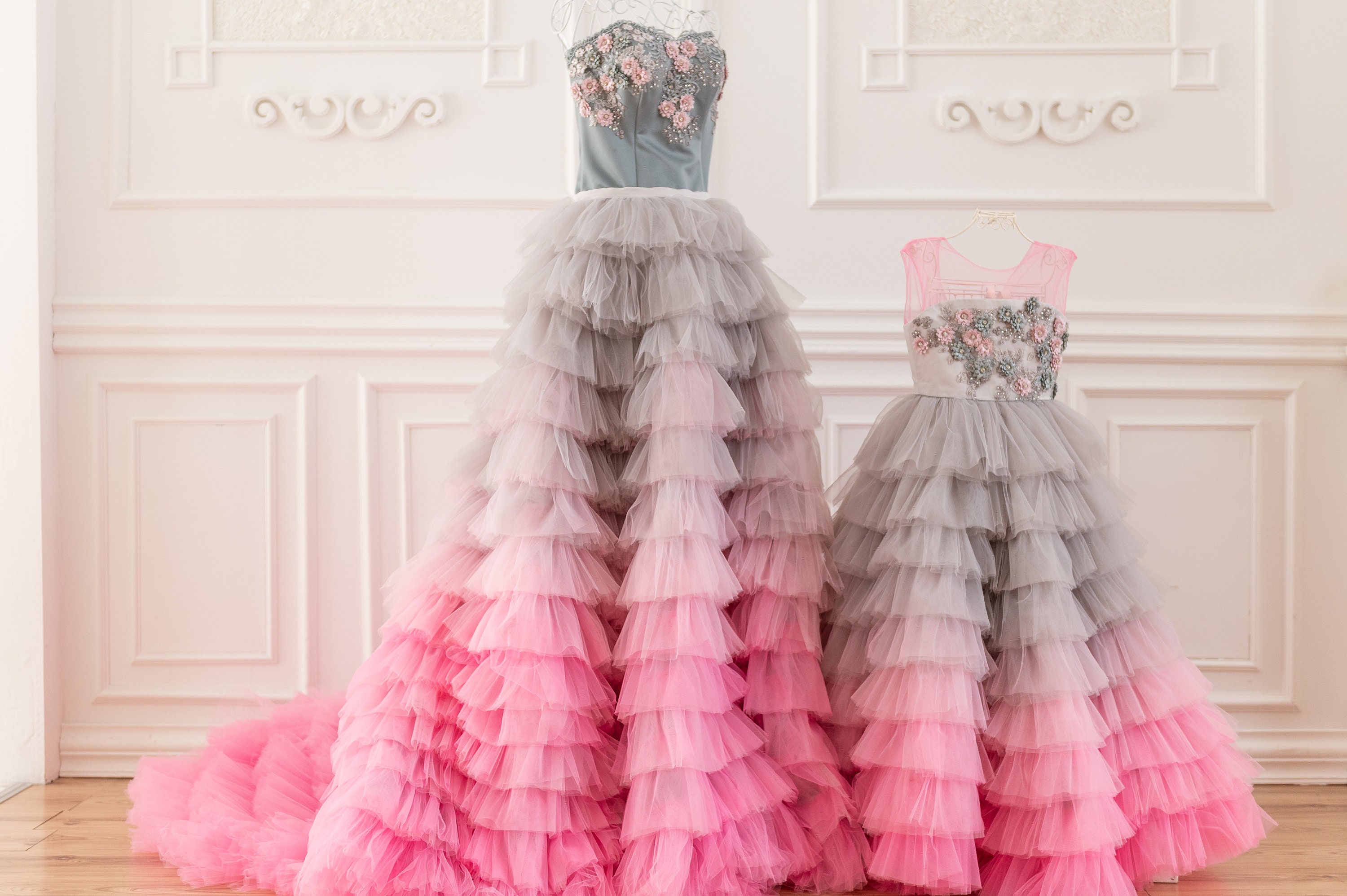 Grey and Pink Ombre Wedding Dress, Couture Tiered Tulle Gown, Corset Wedding Dress Grey and Pink Ombre Wedding Dress, Couture Tiered Tulle Gown, Corset Wedding Dress