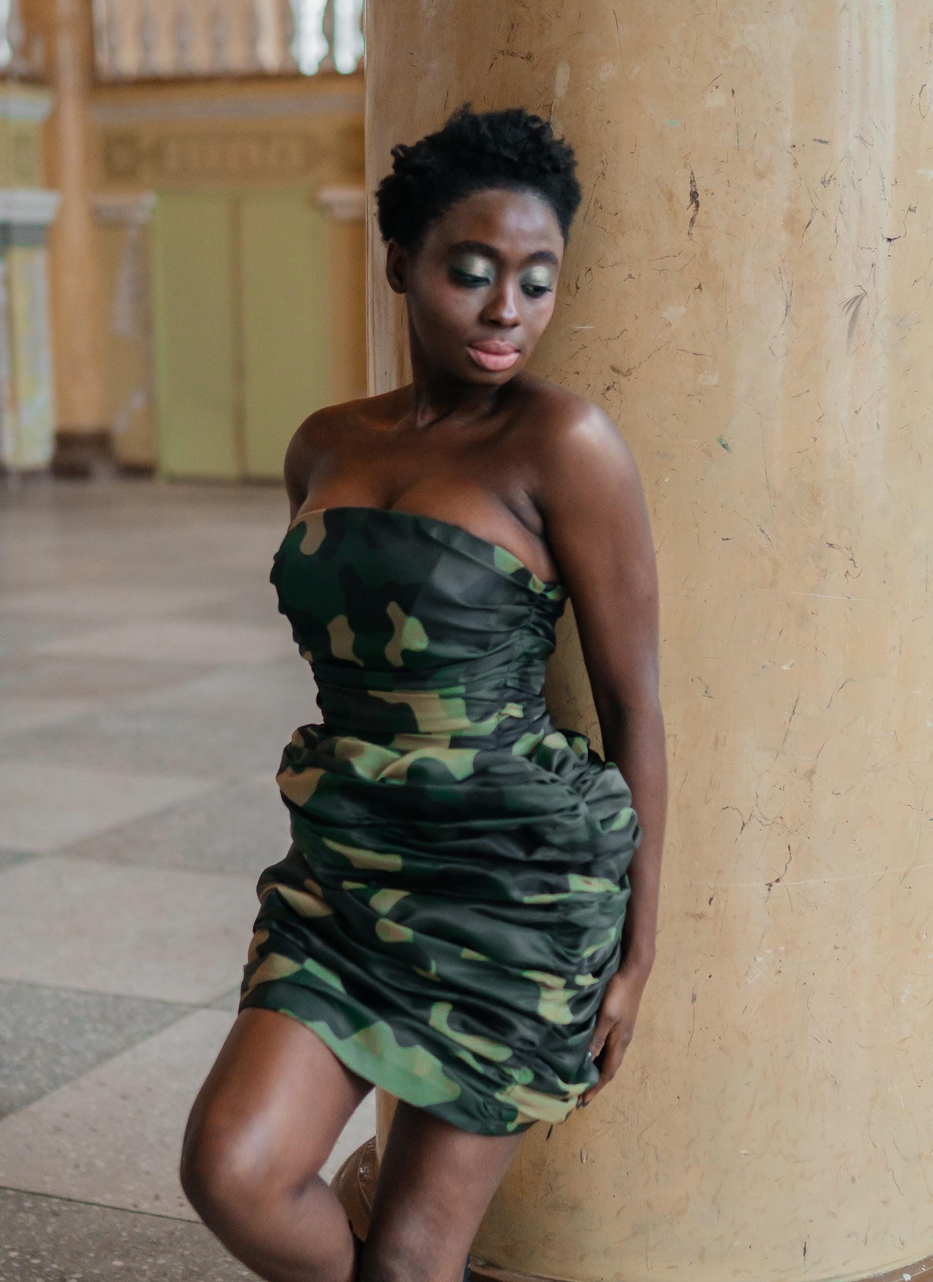 camouflage evening dress Camouflage Organza Dress, Strapless Mini Dress, Green Camo Dress, Military Style Dress,Modern Photoshoots Dress,Runway Dress,Womens Clothing