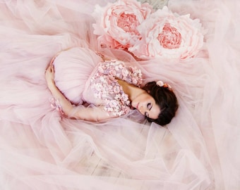Pink Tulle Maternity Dress For Motherhood Photoshoot, Blush Lace Maternity Gown Baby Shower Dress For Mom, Gift Ideas For First Mothers Day