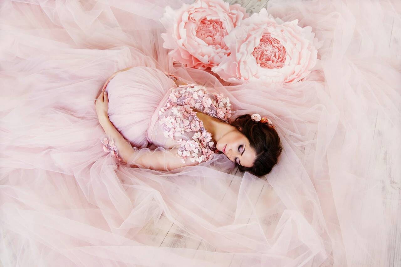 Blush pink pregnancy tulle dress with beaded lace and train