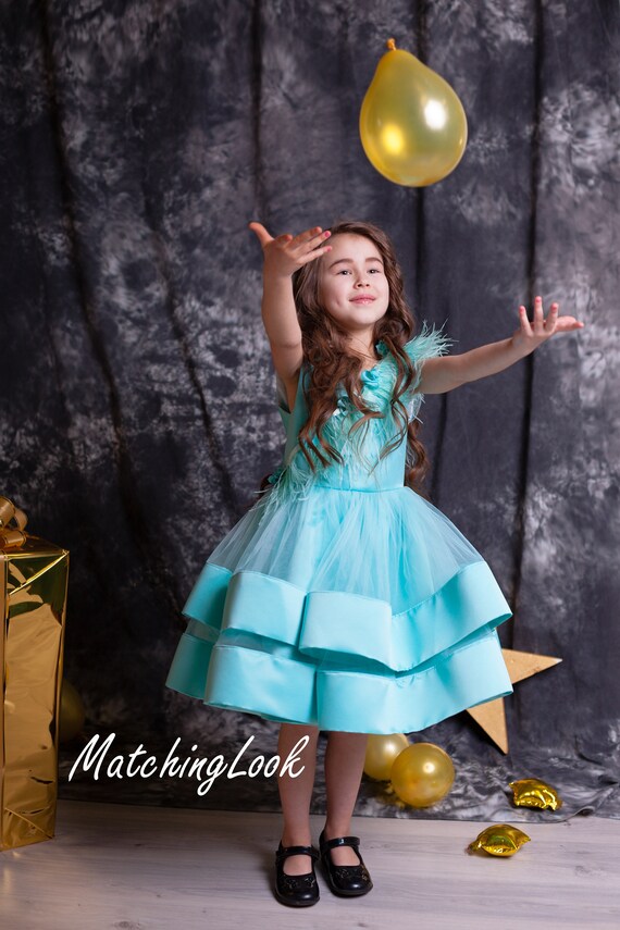 Flower Girl Dress, Girl Teal Dress, Birthday Dress, Feather Dress, Tiered Princess Dress, Girl Tutu Dress, Blue Tulle Dress, Toddler Dress Flower Girl Dress, Girl Teal Dress, Birthday Dress, Feather Dress, Tiered Princess Dress, Girl Tutu Dress, Blue Tulle Dress, Toddler Dress