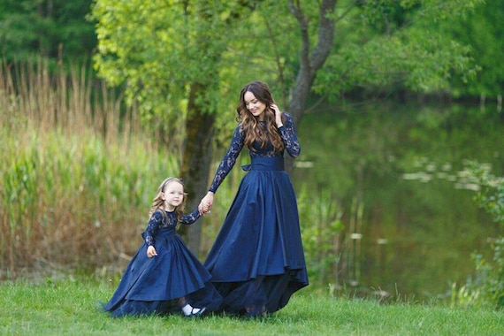 Mother Daughter Matching Dress Princess Dress Hanukkah Photoshoot Mommy and Me Holiday Dress Navy Flower Girl Dress Fantasy Dress Etsy