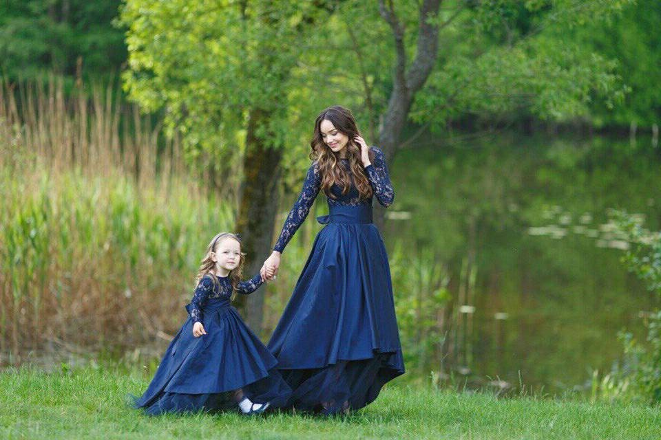 mommy and me navy blue dresses New Mommy and Me Matching Long Dress Tulle Navy Blue (T401205)