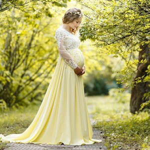 Suknia ślubna ciążowa, żółta sukienka na baby shower do sesji zdjęciowej, styl wiosenny, suknia do fotografii, prezent dla nowej mamy, długa suknia ciążowa z kwiatowym wzorem