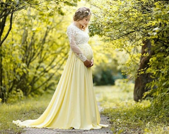 Maternity Wedding Dress, Yellow Baby Shower Dress For Photo Shoot, Spring Style, Photography Gown, New Mom Gift, Floral Maxi Pregnancy Gown