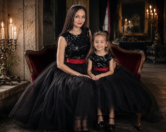 Mother Daughter Matching Gothic Black Dresses With Sequins Ideal Halloween Costume - Mommy And Me Vampire Queen Dresses - Witch Costumes