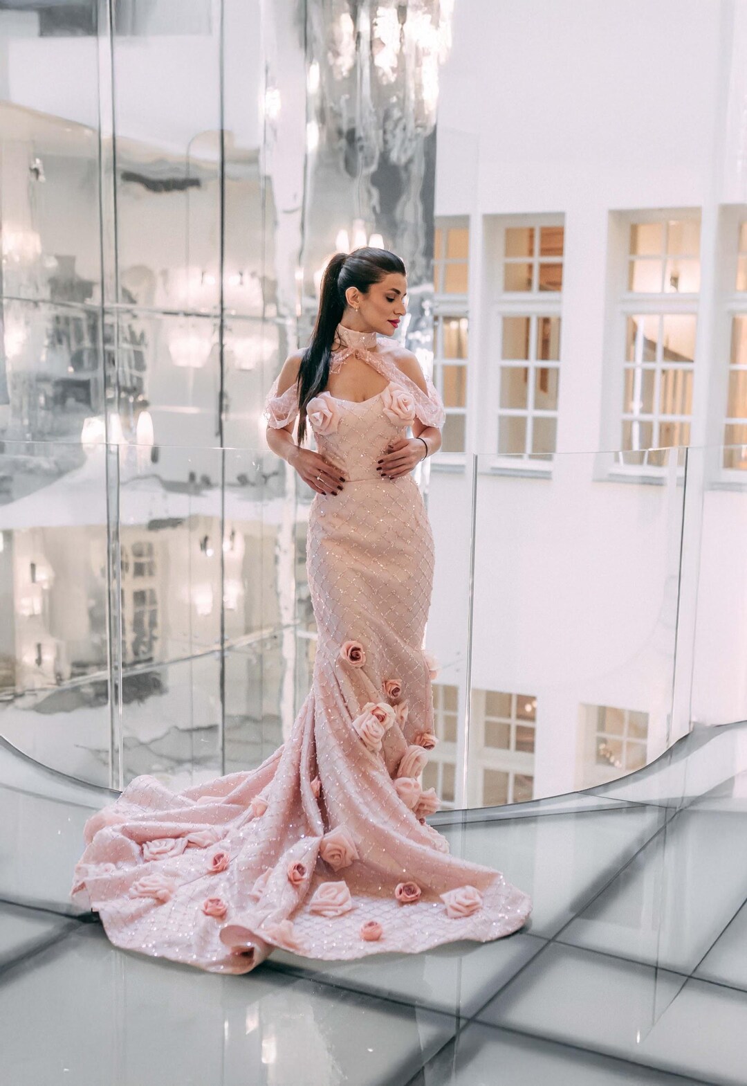 Blush Mermaid Wedding Dress with 3D Roses, Couture Gown, Pearl Lace Wedding Dress, Mikado Satin Bridal Gown, Black Tie Dress, Gala Gown