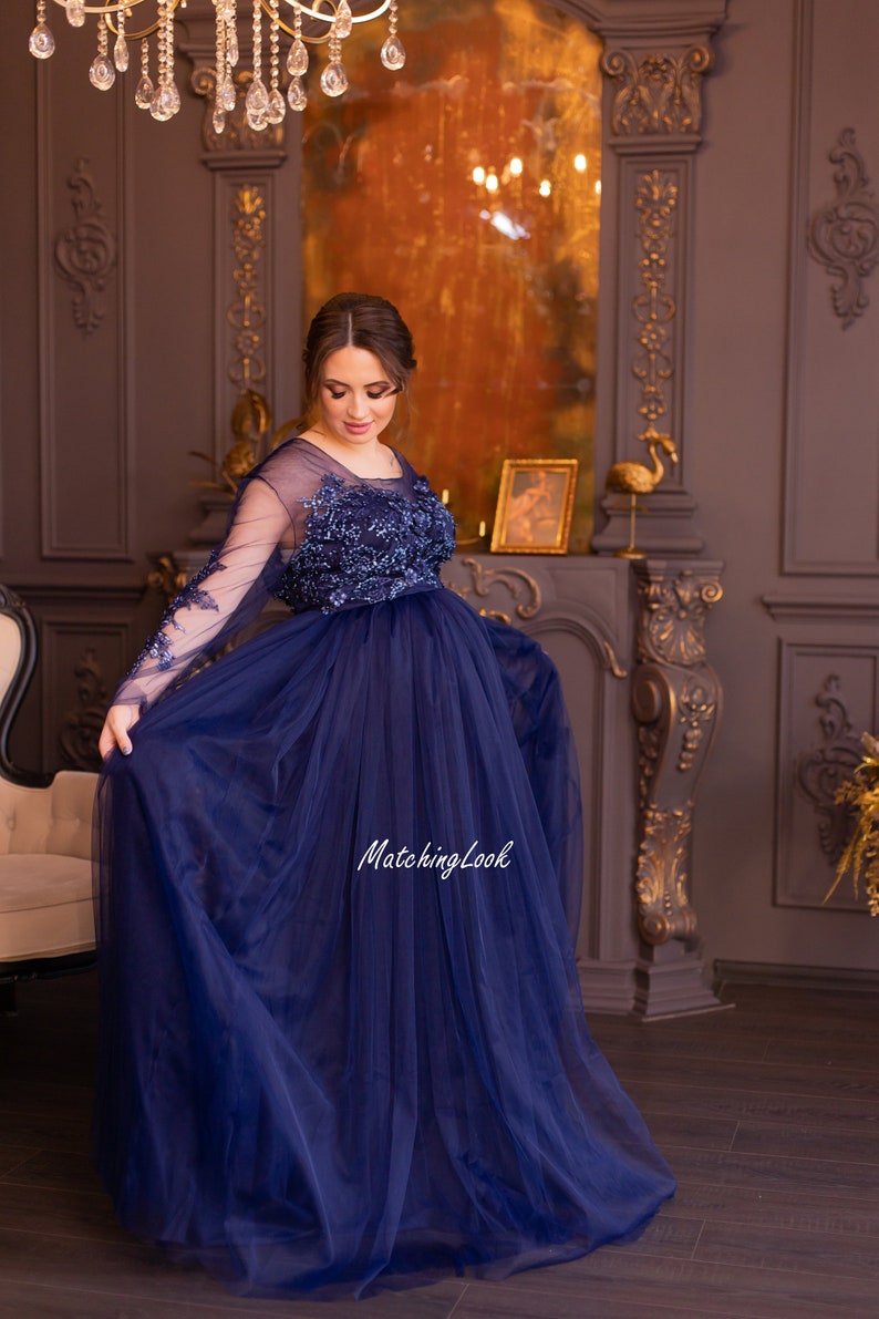 Navy Blue Maternity Dress Baby Shower Dress Long Lace Dress Etsy
