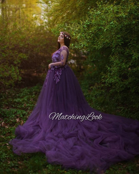 Maternity Photoshoot Dress, Purple Train Dress, Elegant Tulle Dress, Floral  Dress, Pregnancy Photoshoot Dress, Formal Dress, Lace Gown -  Canada