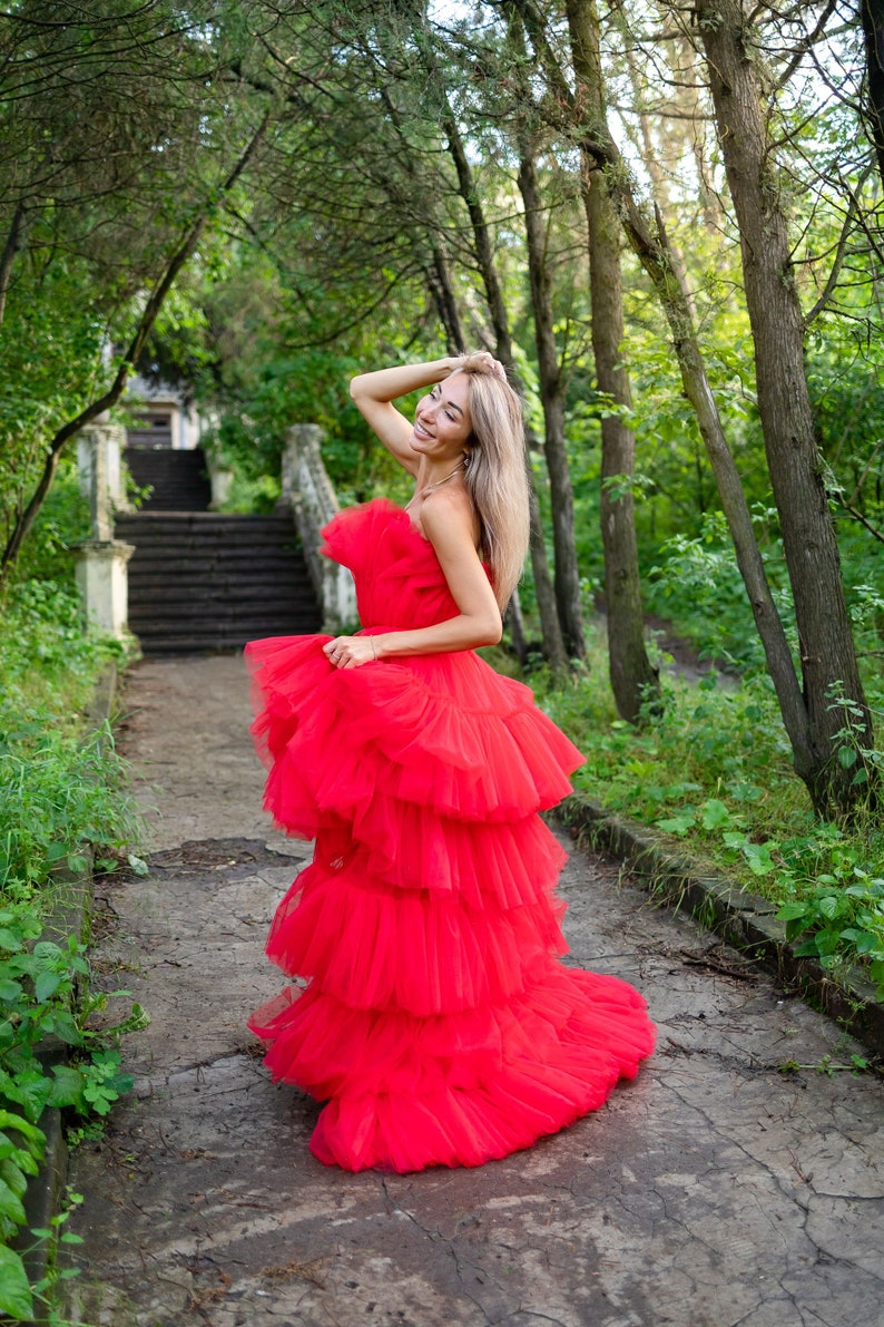 High Low Tulle Dress, Sneaker Ball Women Dress, Red Tulle Dress, Date Night Dress, Asymmetrical Tiered Dress, Adult Tutu Dress, Photoshoot image 2