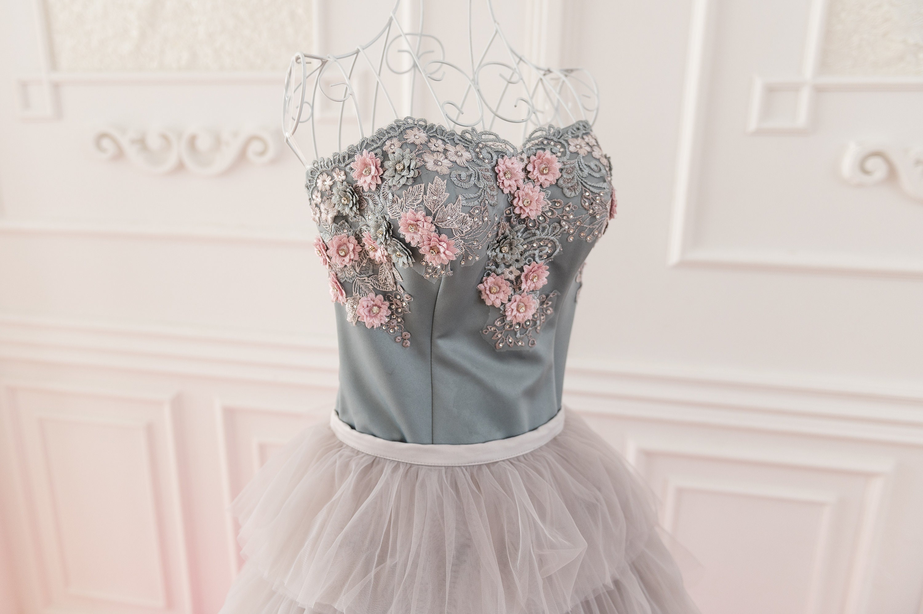 Grey and Pink Ombre Wedding Dress, Couture Tiered Tulle Gown, Corset Wedding Dress Grey and Pink Ombre Wedding Dress, Couture Tiered Tulle Gown, Corset Wedding Dress