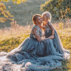 Mommy And Me Dresses Ball Gown, Photoshoot Maternity Dress, Mother Daughter Wedding Guest Dress, Gray Tulle Maternity Gown, Pregnancy Dress