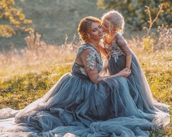 Mommy And Me Dresses Ball Gown, Photoshoot Maternity Dress, Mother Daughter Wedding Guest Dress,Mothers Day Outfit,Gray Tulle Maternity Gown