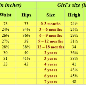 May include: A chart showing adult and girl's clothing sizes in inches. The chart includes numeric sizes, bust, waist, hips, and height measurements.