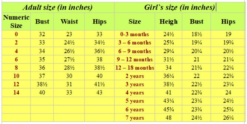 May include: A chart showing adult and girl's clothing sizes in inches. The chart includes numeric sizes, bust, waist, hips, and height measurements.