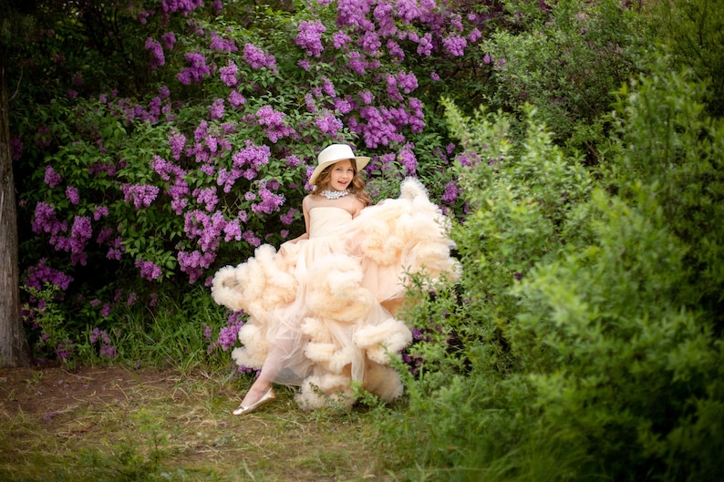 Bloemenmeisje jurk, peuter meisjes Tule jurk, lange Ruffle Tule jurk, Kids trouwjurk, peuter Champagne feestjurk, Frilled Tutu jurk afbeelding 4