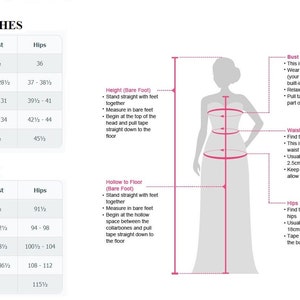 May include: Size chart in inches and centimetres for a dress. The chart shows bust, waist, and hip measurements for sizes XS, S, M, L, and XL. The chart also includes a diagram showing how to measure height, bust, waist, and hips.