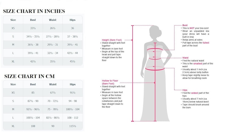 May include: Size chart in inches and centimetres for a dress. The chart shows bust, waist, and hip measurements for sizes XS, S, M, L, and XL. The chart also includes a diagram showing how to measure height, bust, waist, and hips.