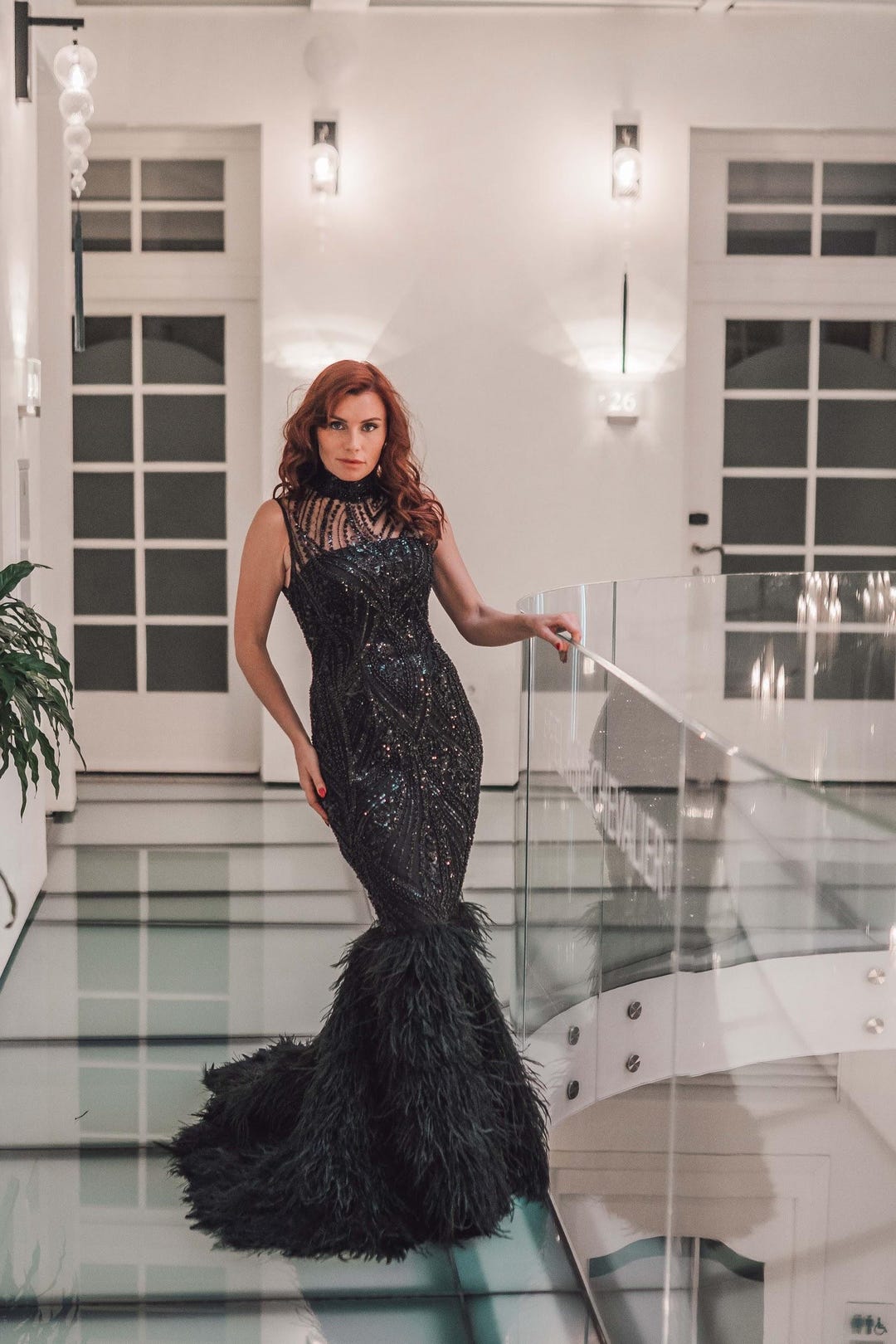 green emerald velvet dress Black Feather Off-Shoulder Beaded Bodycon Homecoming Dress – FancyVestido main image 1