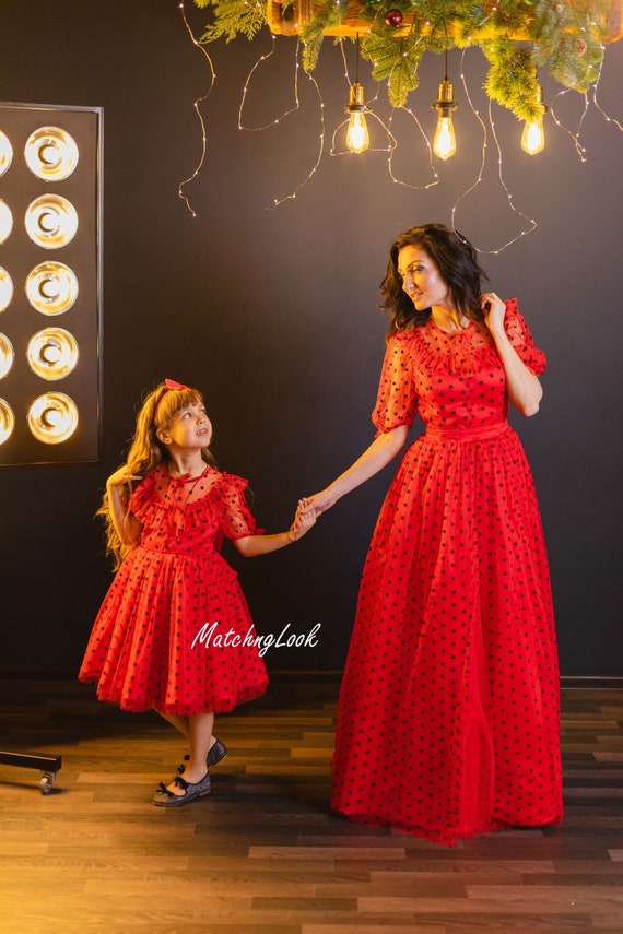 Mommy And Me Formal Dresses For Photoshoot, Red Family Matching Dresses, Mother Daughter Dress, Polka Dot Dress, Birthday Party Dress