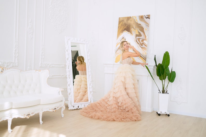 Champagne Ombre Wedding Dress, Tulle Tiered Gown, Beach Wedding Dress, Bridal Tutu Dress, Puffy Tulle Dress, Layered Prom Dress, Photoshoot image 4