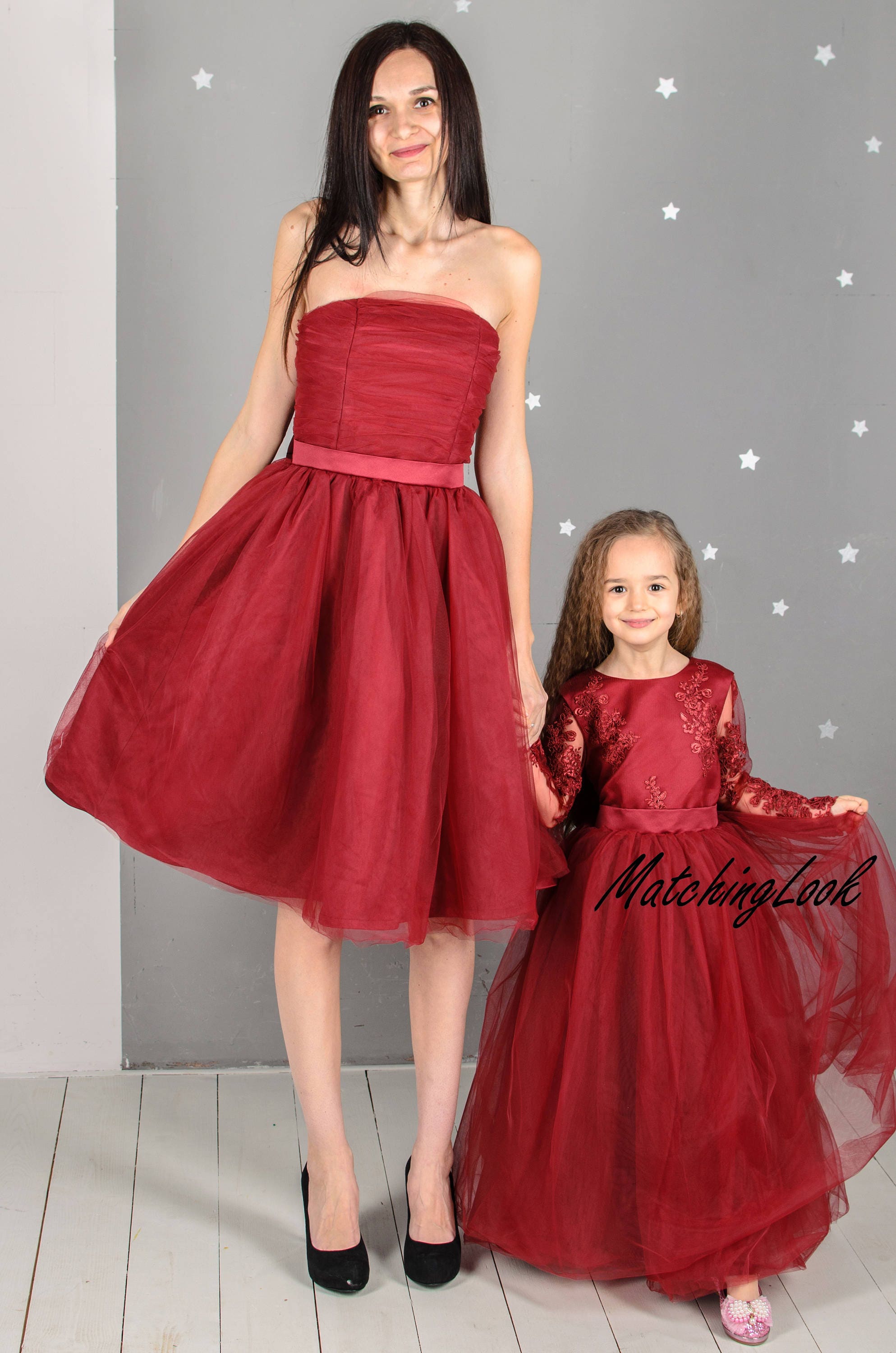 burgundy mommy and me dress Burgundy Mommy and Me Dresses for Photoshoot, Wedding Guest Dresses, Matching Family Clothing, Mother Daughter Formal Dress, High Low Dress