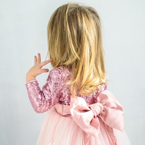 May include: A little girl wearing a pink tulle dress with a large pink satin bow on the back. The dress has a sequined bodice.