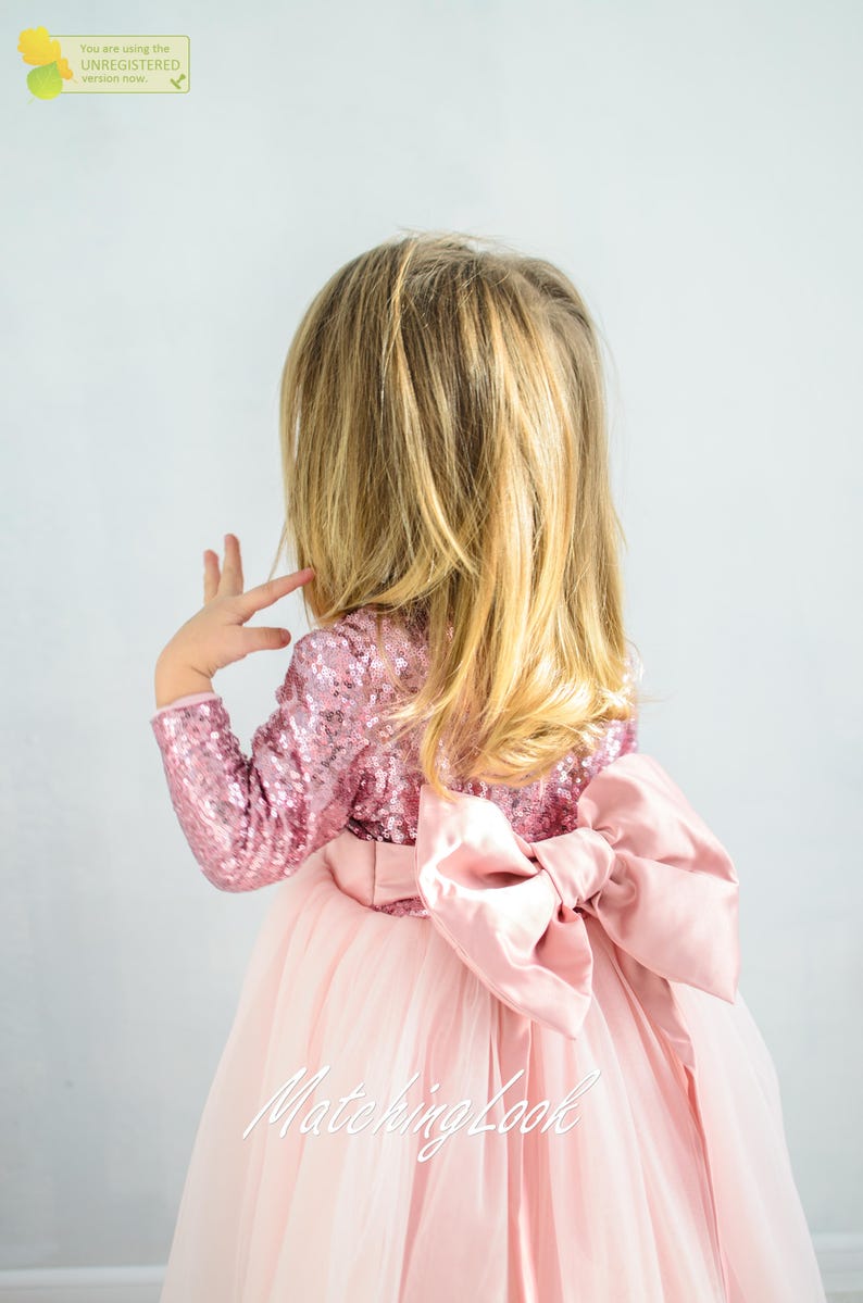May include: A little girl wearing a pink tulle dress with a large pink satin bow on the back. The dress has a sequined bodice.