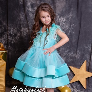 Girls Teal Feather Dress, Flower Girl Dress, Party Wear Dress, Birthday Party Dress, Formal Tiered Dress, Pageant Dress, Princess Tutu Dress
