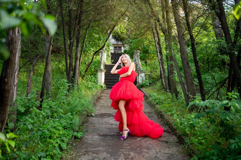 High Low Tulle Dress, Sneaker Ball Women Dress, Red Tulle Dress, Date Night Dress, Asymmetrical Tiered Dress, Adult Tutu Dress, Photoshoot image 1