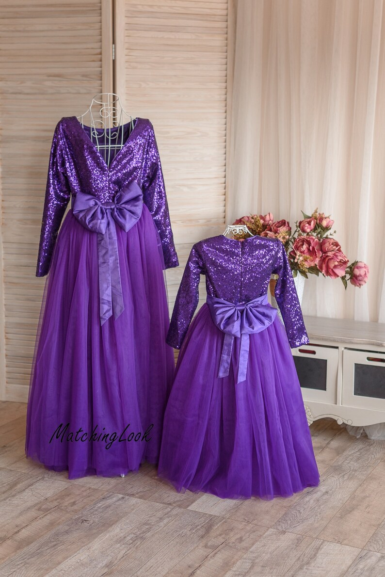 Mom Baby Girl Party Tutu Dress Purple Matching Outfits Mother Daughter Matching Dress Mommy and Me Outfits Ultra Violet Sequin Dresses