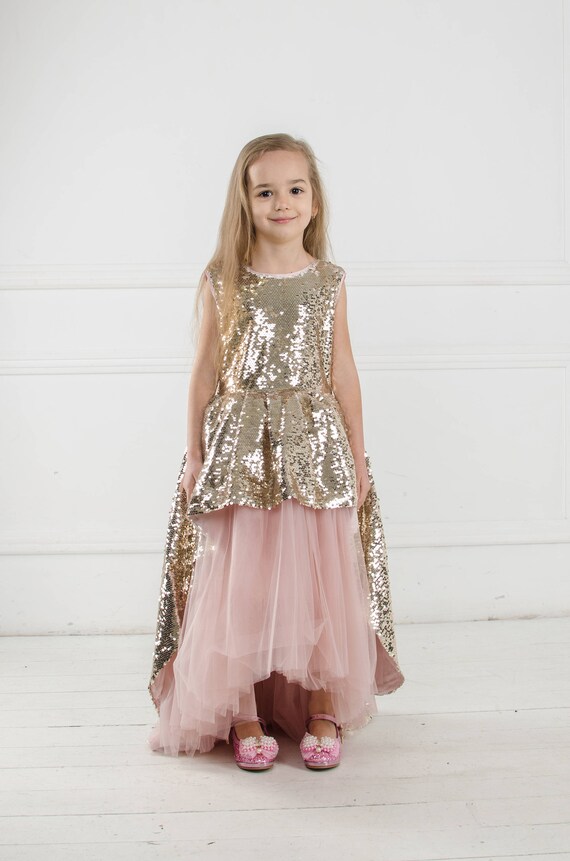 Pageant Dress For Girls Gold Sequin Dress Flower Girl Dress High Low Dress Girls Birthday Dress Princess Dress Special Occasion