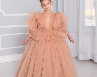 Tawny Flower Girl Dress, Terracotta Toddler Dress, Wedding Girl Gown, Tulle Maxi Dress, Cake Smash Outfit, Junior Bridesmaid,Tutu Girl Dress