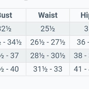 May include: A size chart with measurements for bust, waist, and hips. Sizes range from XS to L, with bust measurements from 32.5 to 40 inches, waist from 25.5 to 33 inches, and hips from 35 to 42.5 inches.