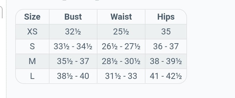 May include: A size chart with measurements for bust, waist, and hips. Sizes range from XS to L, with bust measurements from 32.5 to 40 inches, waist from 25.5 to 33 inches, and hips from 35 to 42.5 inches.