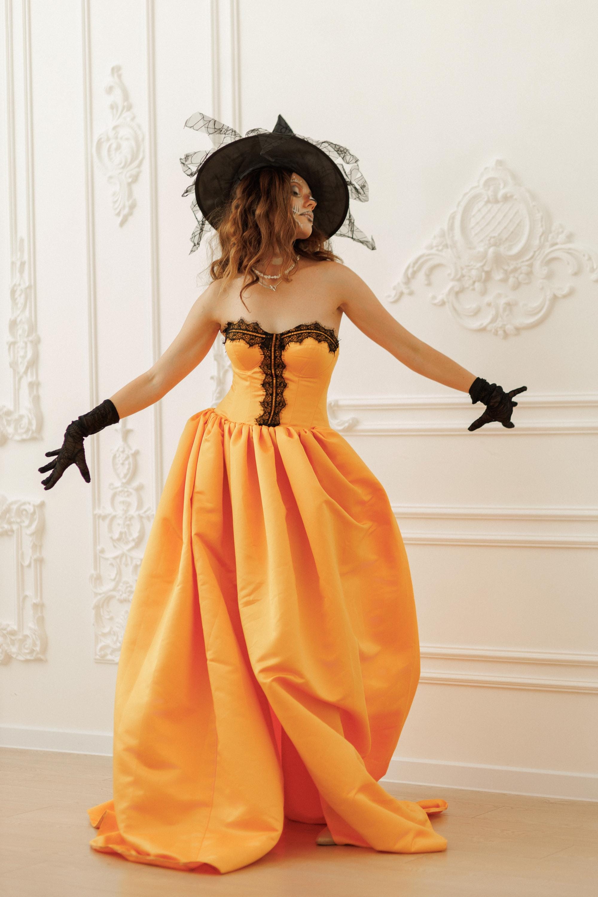 Halloween Witch Dress, Fall Clothing Gift, Orange Black Victorian Gown, Halloween Adult Costume, Witch Gown, High Slit Gothic Pumpkin Gown Halloween Witch Dress, Fall Clothing Gift, Orange Black Victorian Gown, Halloween Adult Costume, Witch Gown, High Slit Gothic Pumpkin Gown
