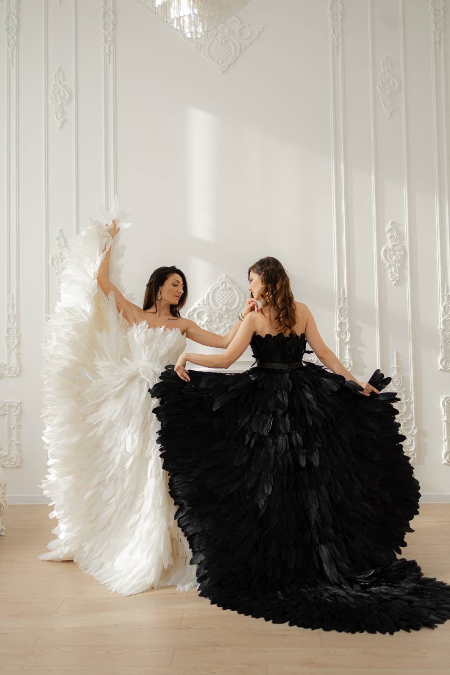 Feather Wedding Gown - Swan Style Dress For Bride - White Courthouse Bridal Gown or Church Wedding Dress - Maxi Black Feather Wedding Gown