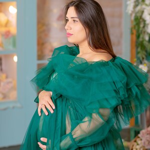 Emerald Green Maternity Tulle Robe, Tiered Photoshoot Robe, Green Sheer ...