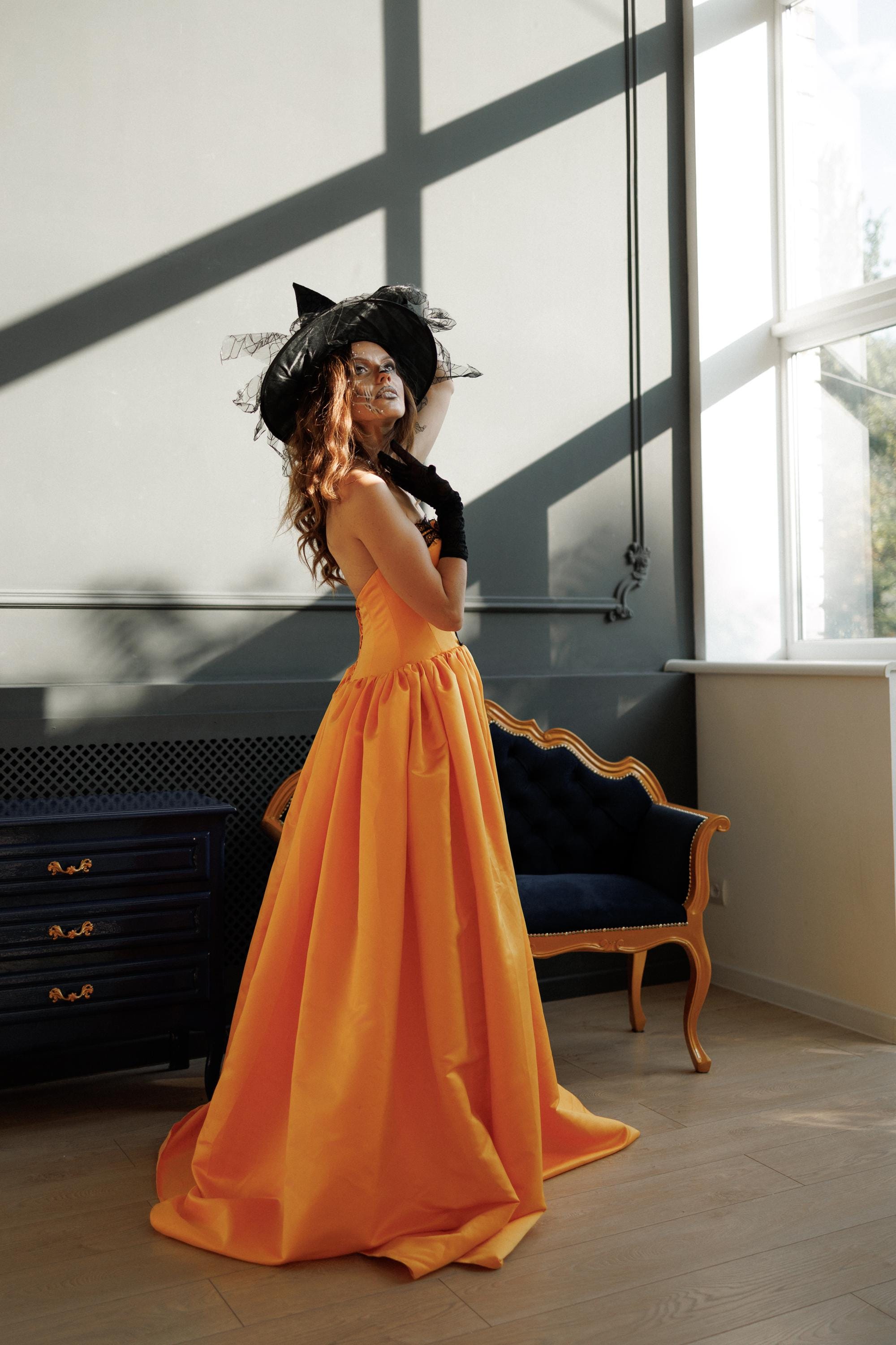 halloween fashion dress Halloween Witch Dress, Fall Clothing Gift, Orange Black Victorian Gown, Halloween Adult Costume, Witch Gown, High Slit Gothic Pumpkin Gown