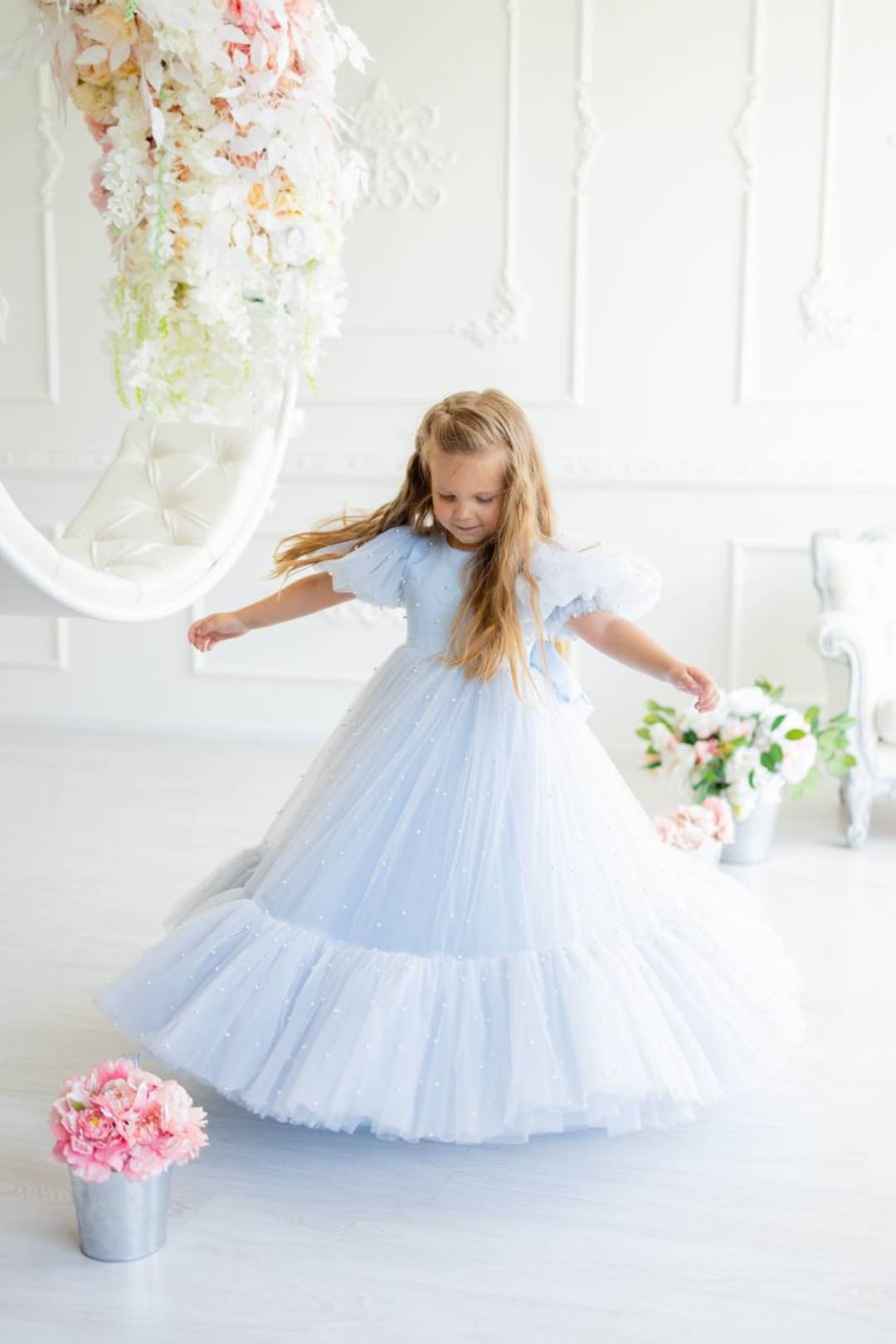 Dusty Blue Flower Girl Dress With Pearls, Fall Fashion