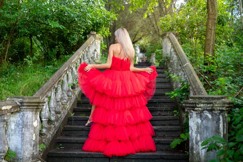 High Low Tulle Dress, Sneaker Ball Women Dress, Red Tulle Dress, Date Night Dress, Asymmetrical Tiered Dress, Adult Tutu Dress, Photoshoot image 5