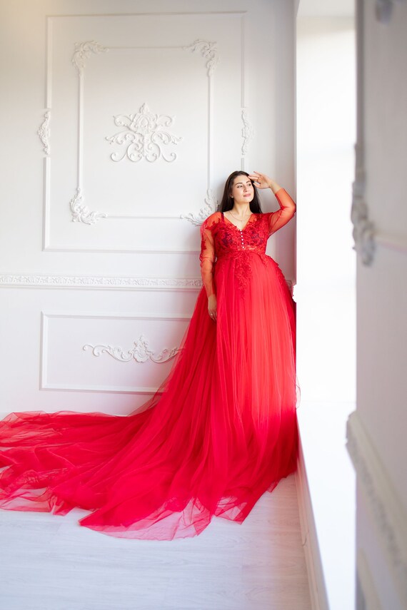 Red Pregnancy Dress For Photoshoot, Maternity Gown, Red Wedding Dress, Boudoir Dressing Gown, Red Tulle Robe, Photography Dress, Formal Gown Custom Red Pregnancy Dress For Photoshoot, Maternity Gown, Red Wedding Dress, Boudoir Dressing Gown, Red Tulle Robe, Photography Dress, Formal Gown Custom