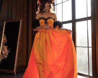 Halloween Adult Costume, Orange Black Dress With 3D Rose Sleeves, Opera Dress, Fall Style Pumpkin Gown With Slit,Victorian Masquerade Gown Halloween Adult Costume, Orange Black Dress With 3D Rose Sleeves, Opera Dress, Fall Style Pumpkin Gown With Slit,Victorian Masquerade Gown