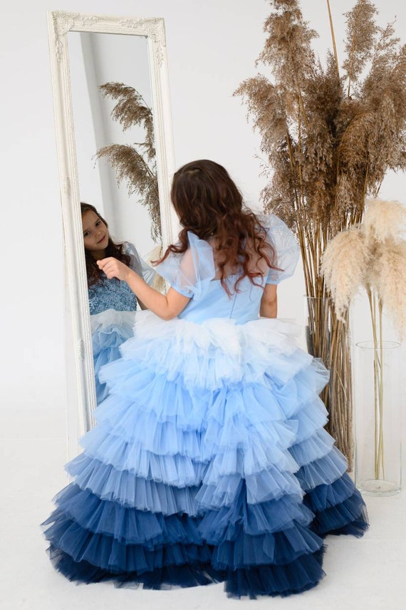 Ombre Blue Ball Gown For Girls Flower Girl Dress Junior Bridesmaid Pageant Dress For Girls Graduation Dress Toddler Tutu Dress Puffy