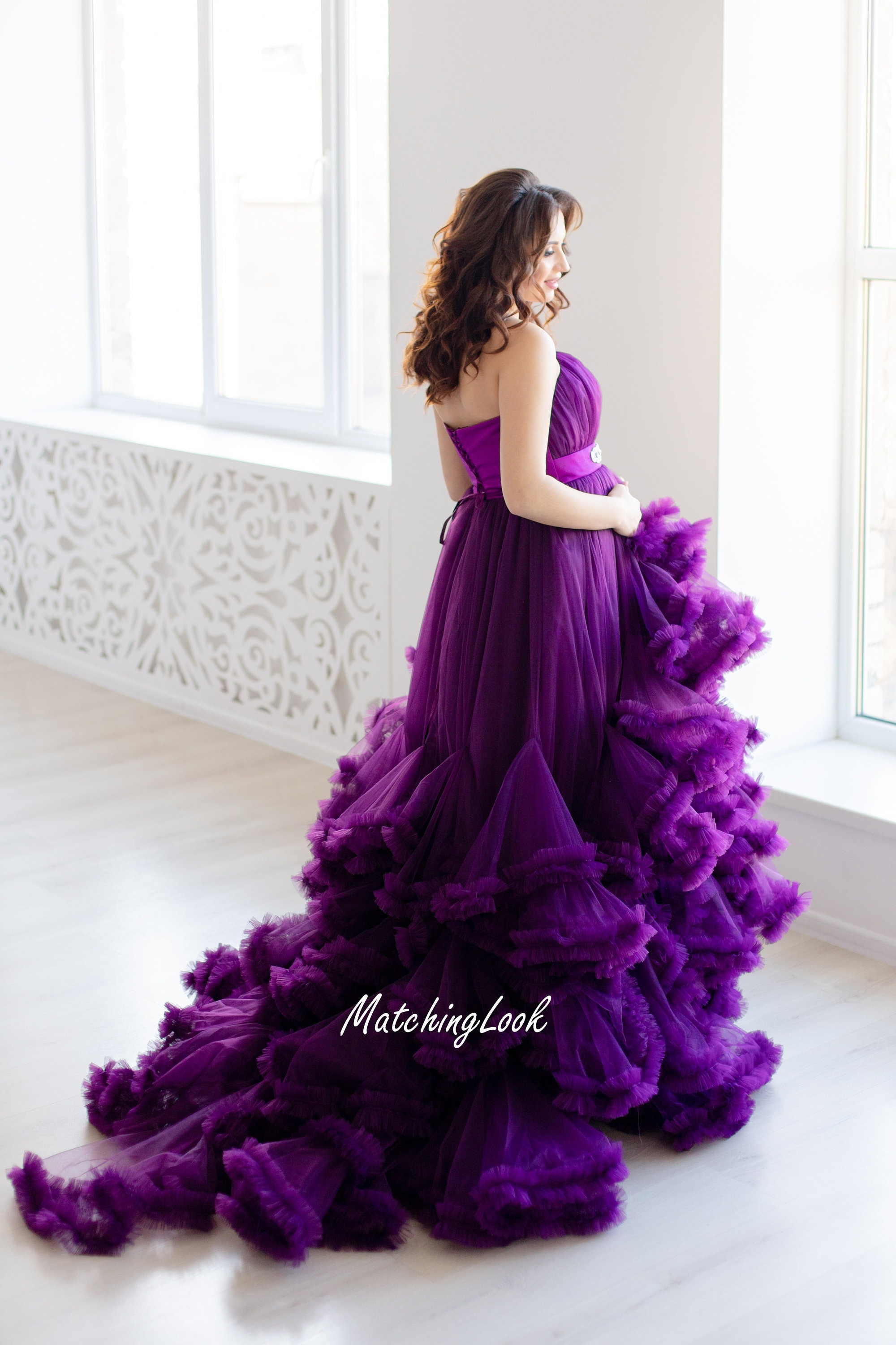 purple and gold maternity dress PinkBlush Lavender Lace Mesh Overlay Maternity Maxi Dress main image 1