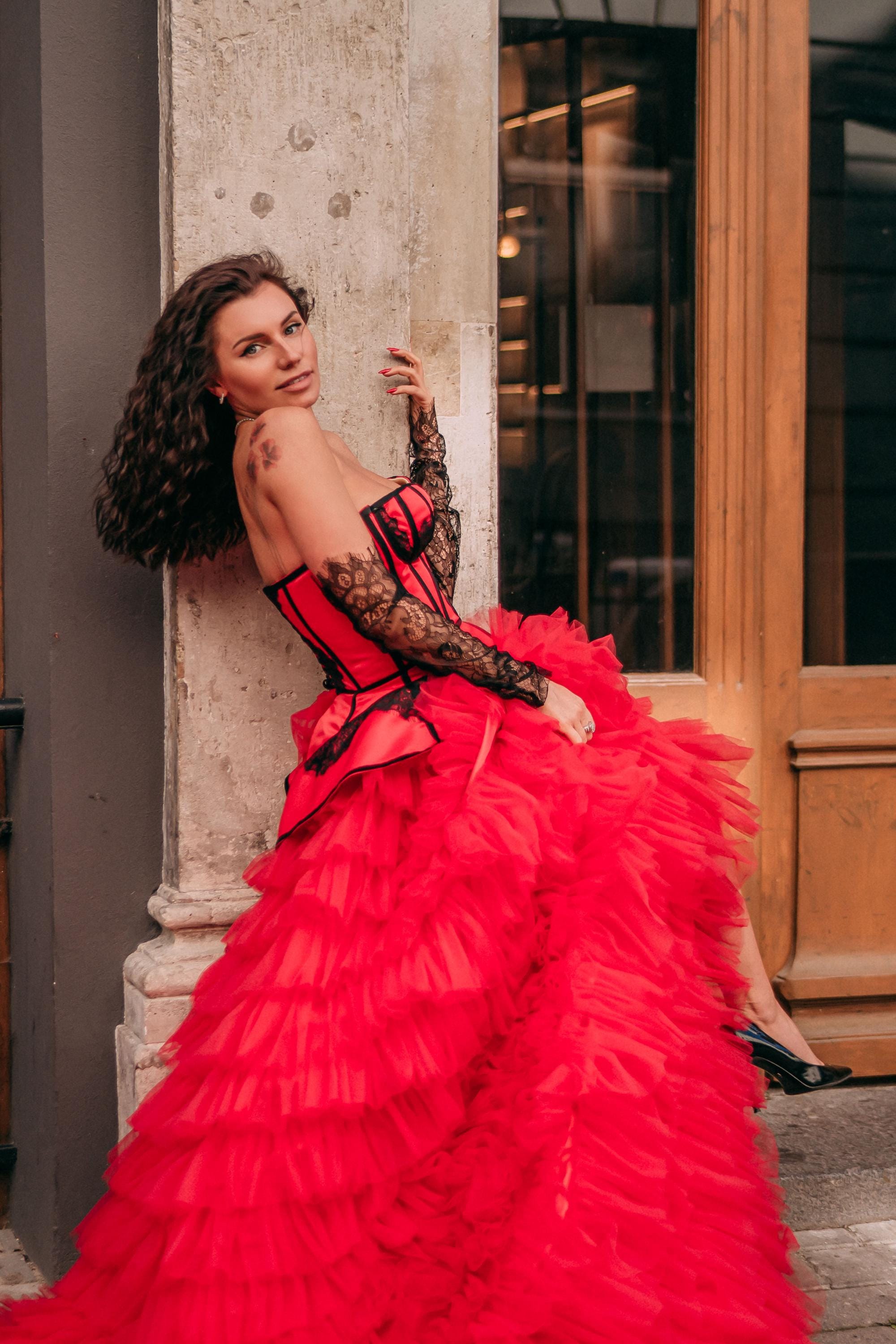 red corset dress with tutu Red Corset Gown, Cocktail Party Dress, Photography Gowns, Prom Dress, Queen Of Hearts Costume, Womens Clothing, Couture Graduation Dress