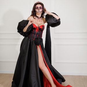 Gothic Vampire Costume, Adult Halloween Costume, Black & Red Corset and ...