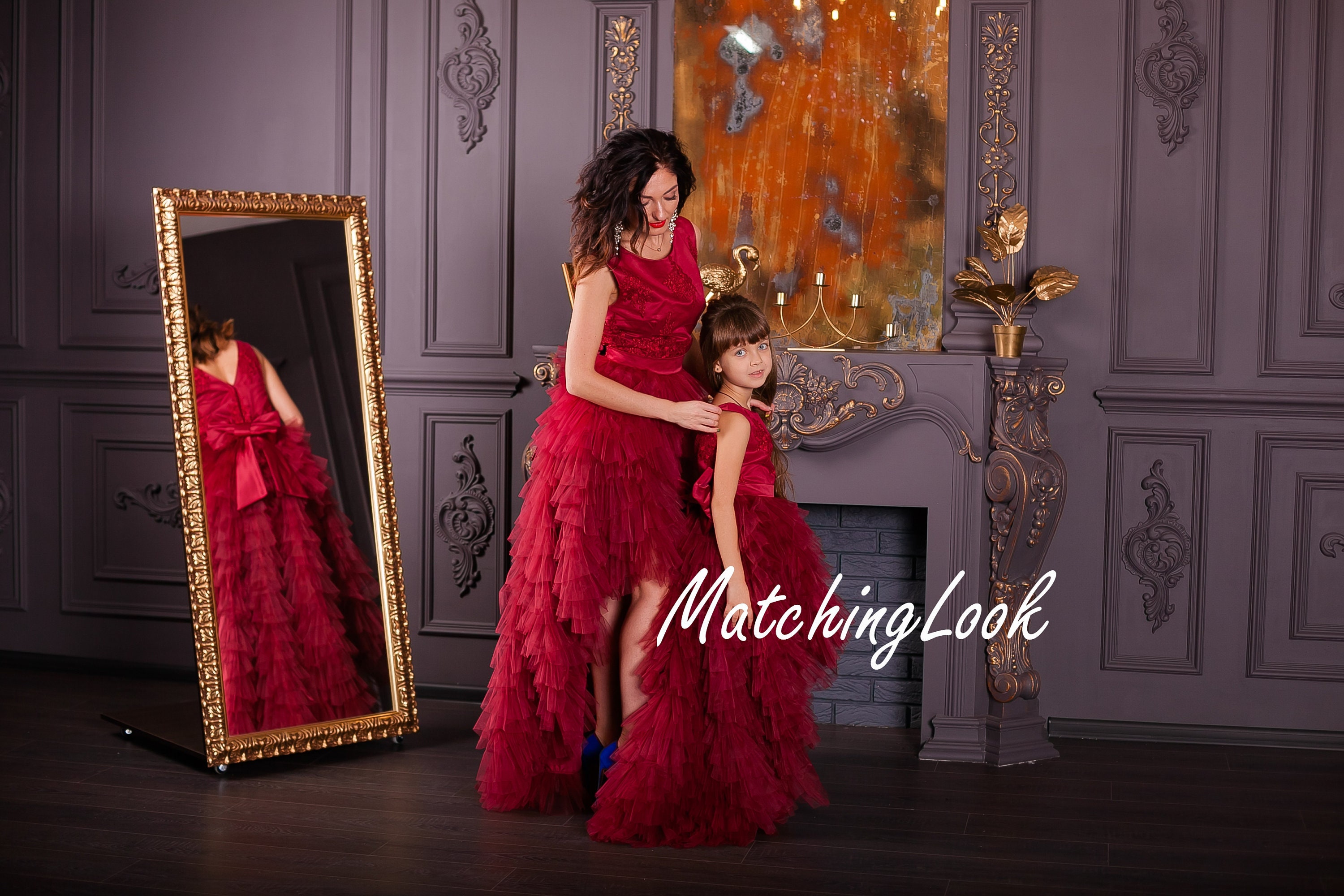 Burgundy Mommy and Me Dresses for Photoshoot, Wedding Guest Dresses,  Matching Family Clothing, Mother Daughter Formal Dress, High Low Dress -  Etsy