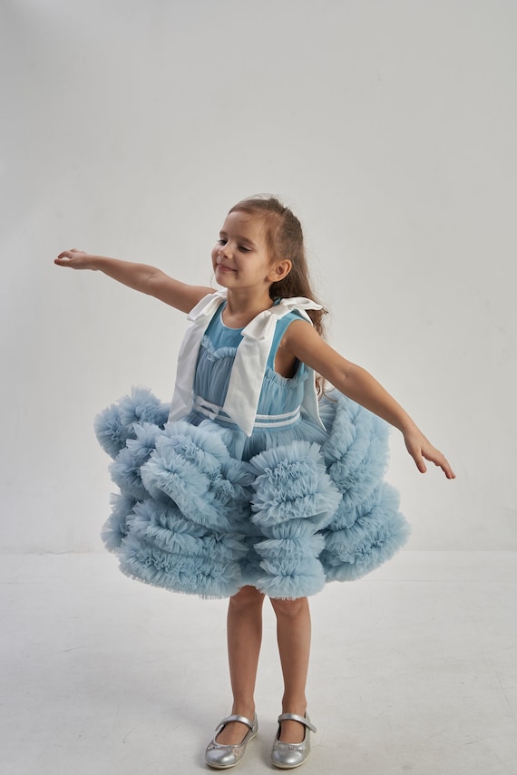 dusty blue puffy dress Prom Dress with Sleeves Dusty Blue Tulle Corset Back 2 / Custom Color