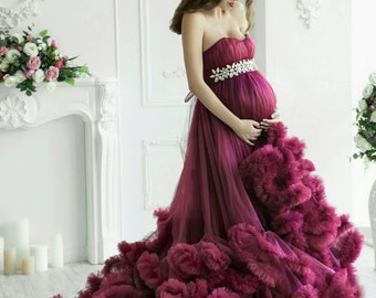 Maternity Ball Gown For Photo Shoot, Maternity Wedding Dress, Pregnancy Photo Dress, Whimsical Dress, Ruffle Maternity Gown, Princess Dress